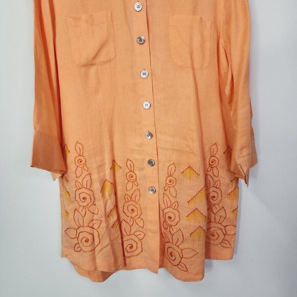 J Jill Womens Orange 100% Linen Long Sleeve Tunic Top Button Down Embroidered M - Picture 5 of 14